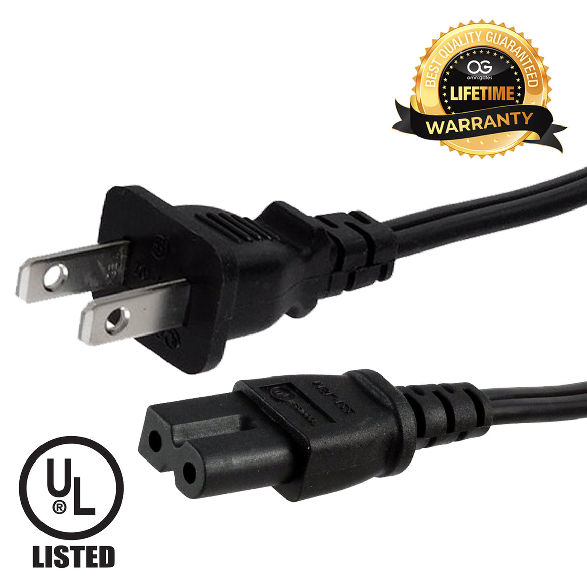 6ft 2 Prong Power Cord NEMA1-15P/C7 Connector Cable Polarized for Notebook and Other Home appliances-Available 1ft-15ft in Length (6ft, Black-Single)