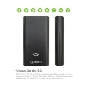 side view of omnigates 10200 mAh black portable power bank charger with qualcomm quick charge 3.0
